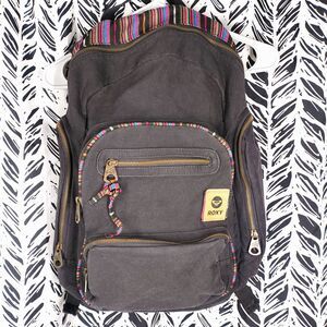 Vintage Roxy Boho Rainbow Gray Backpack w/ 6 Pockets | 100% Cotton Y2K 1997
